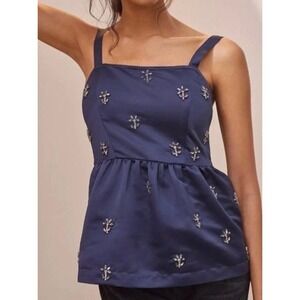 Dhruv Kapoor Anthropologie Navy Blue Embellished Peplum Babydoll Top XS NEW